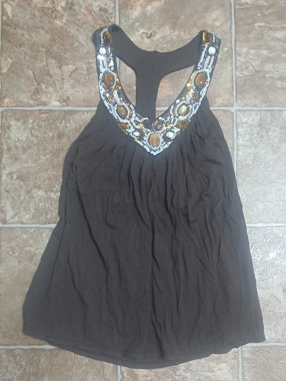 Bra Tops Chocolate Brown White Stones Sequins  Embellished Racerback Tank Top